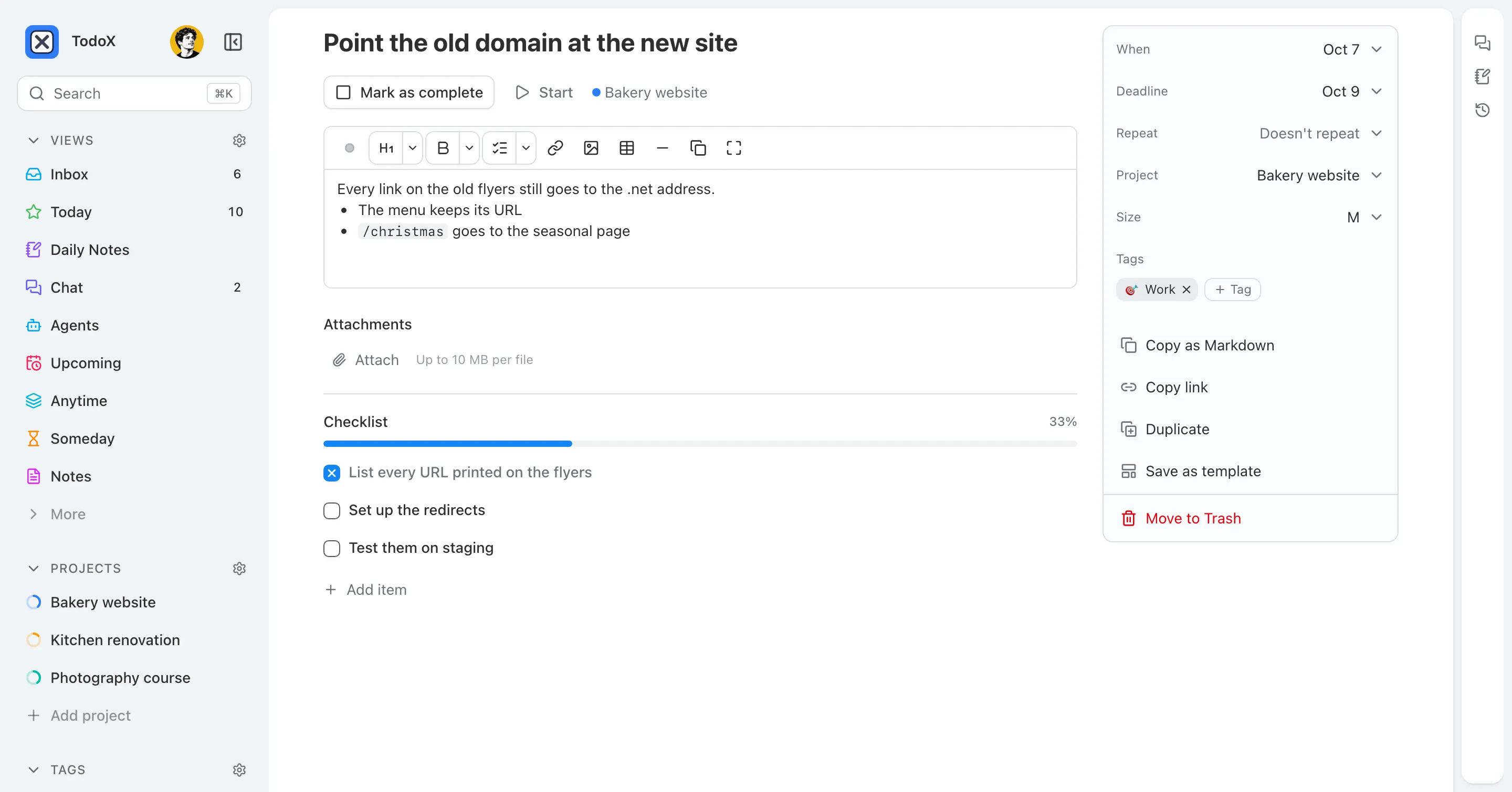 A task page with markdown notes, a checklist at 33%, and a side column with when, deadline, project, size and tags.