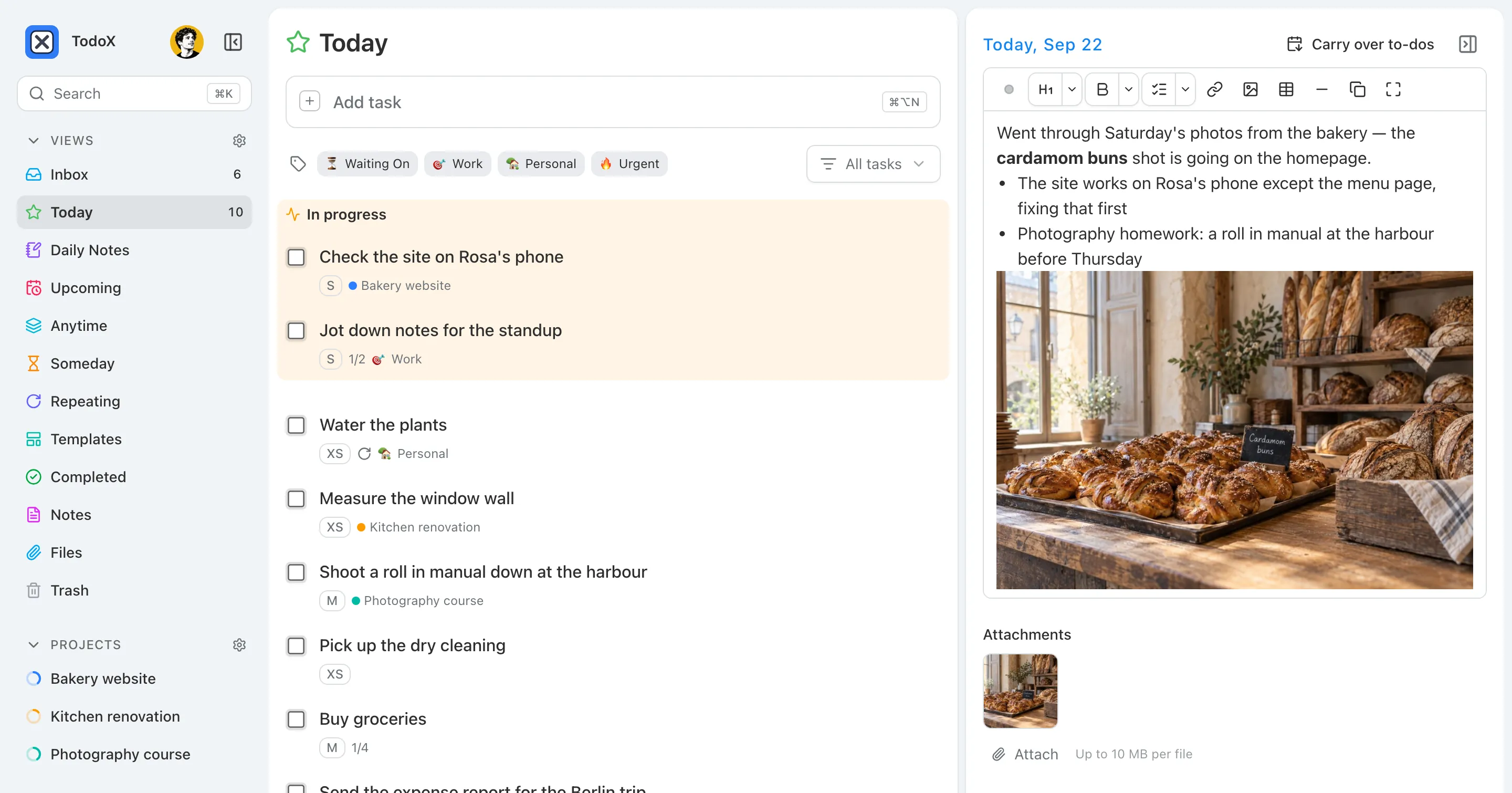 The TodoX Today view: an In progress panel above the task list, beside the day’s note, with projects and tags in the sidebar.