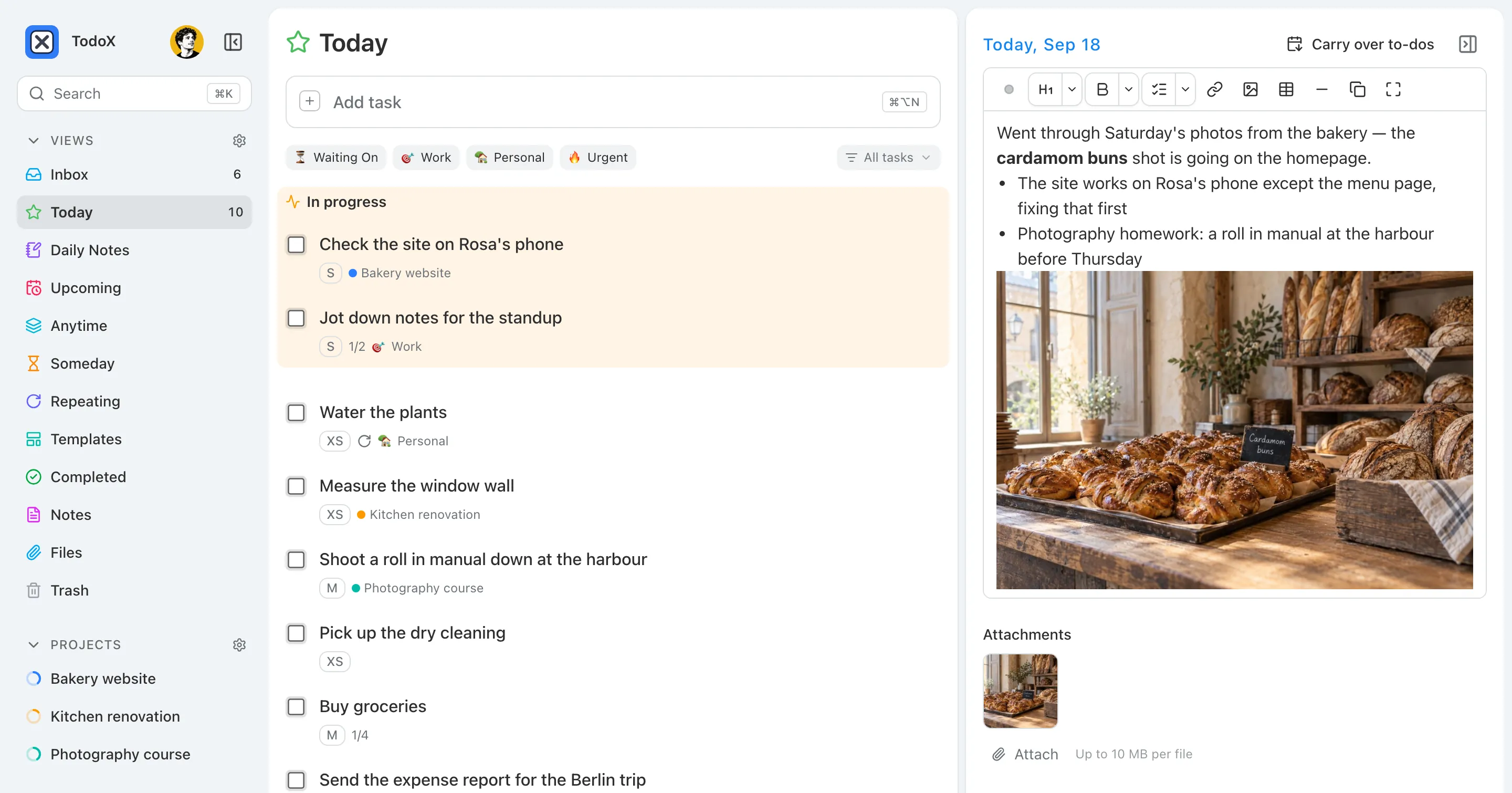 The TodoX Today view: an In progress panel above the task list, beside the day’s note, with projects and tags in the sidebar.