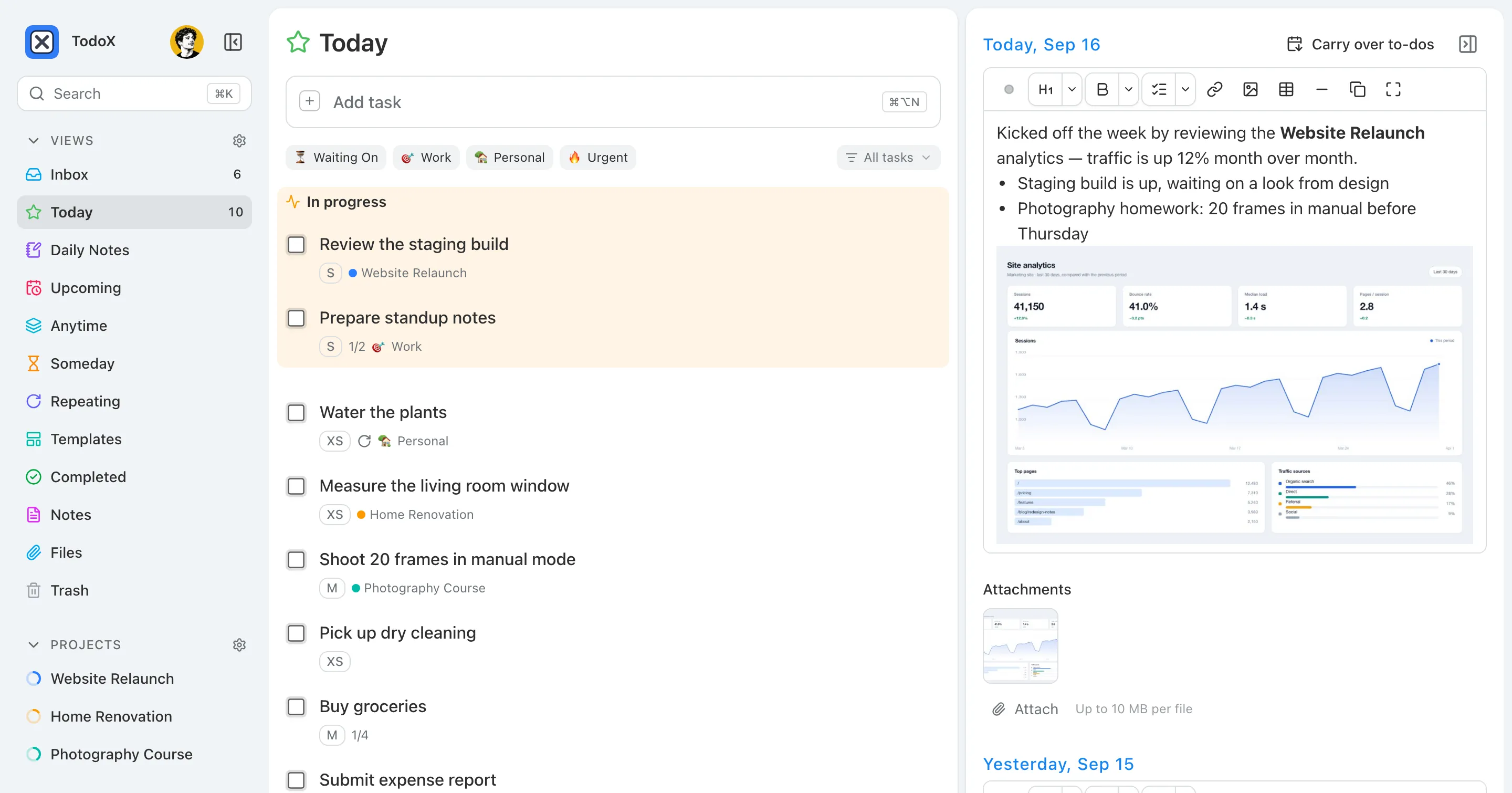 The TodoX Today view: an In progress panel above the task list, beside the day’s note, with projects and tags in the sidebar.