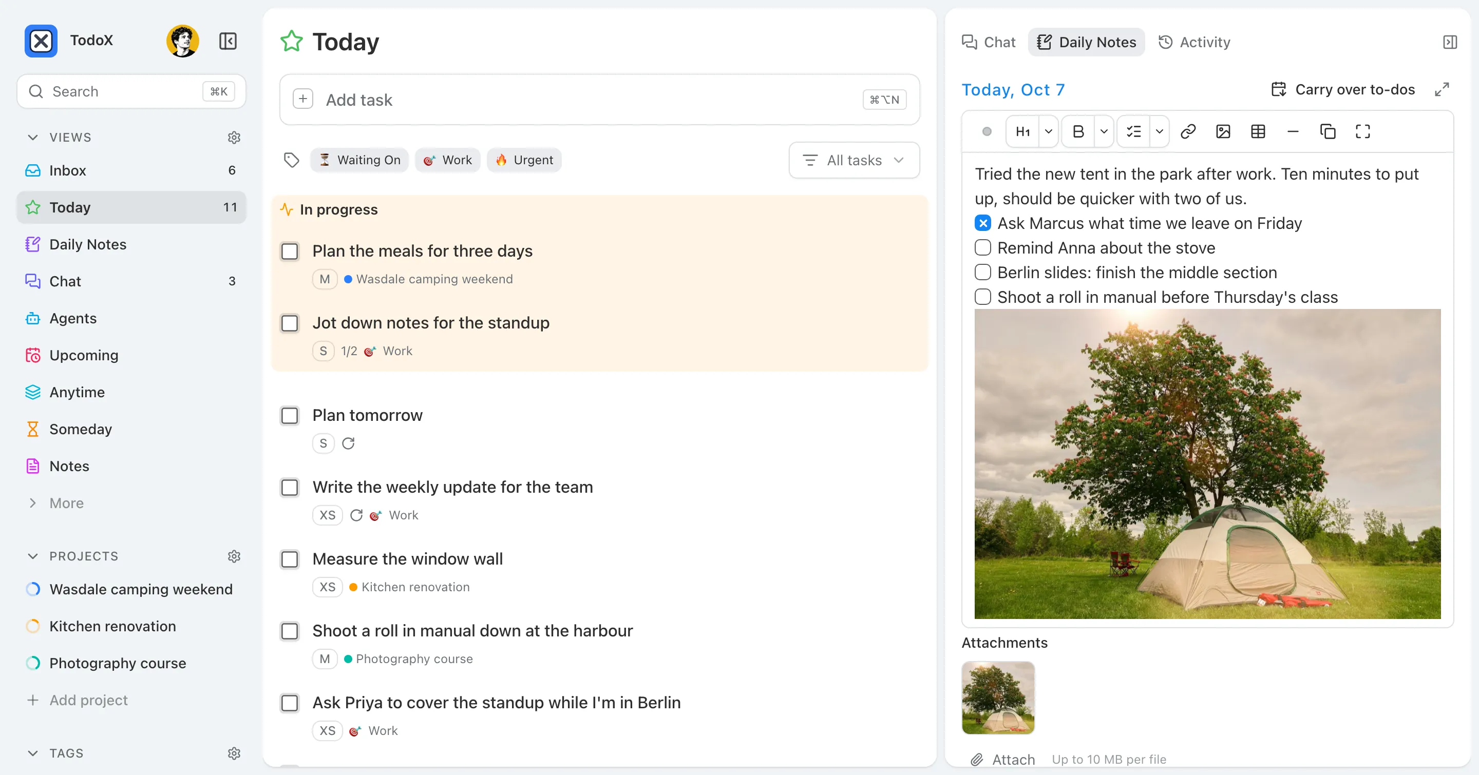 The TodoX Today view: an In progress panel above the task list, beside the day’s note, with projects and tags in the sidebar.