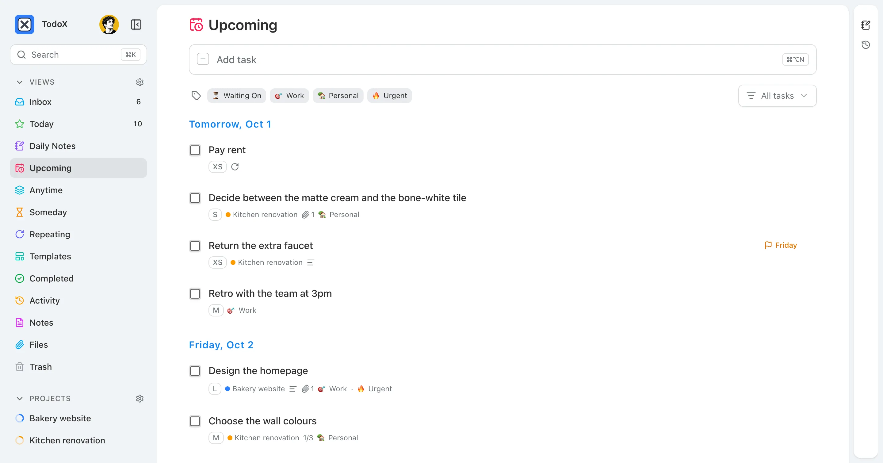 The Upcoming view: tasks grouped under Tomorrow and the following day headings, with a deadline flag and a repeating task.
