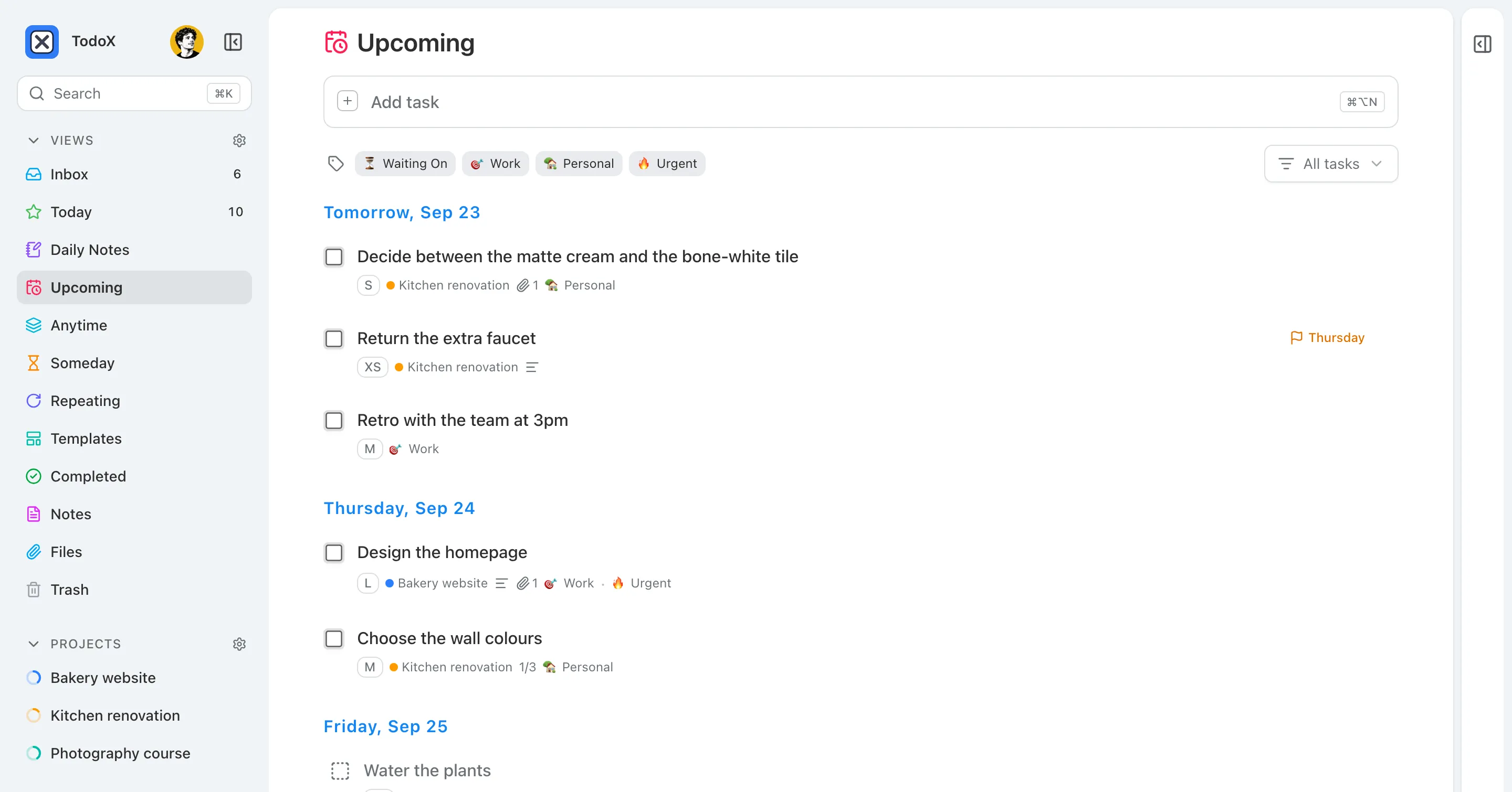 The Upcoming view: tasks grouped under Tomorrow and the following day headings, with a deadline flag and a repeating task.