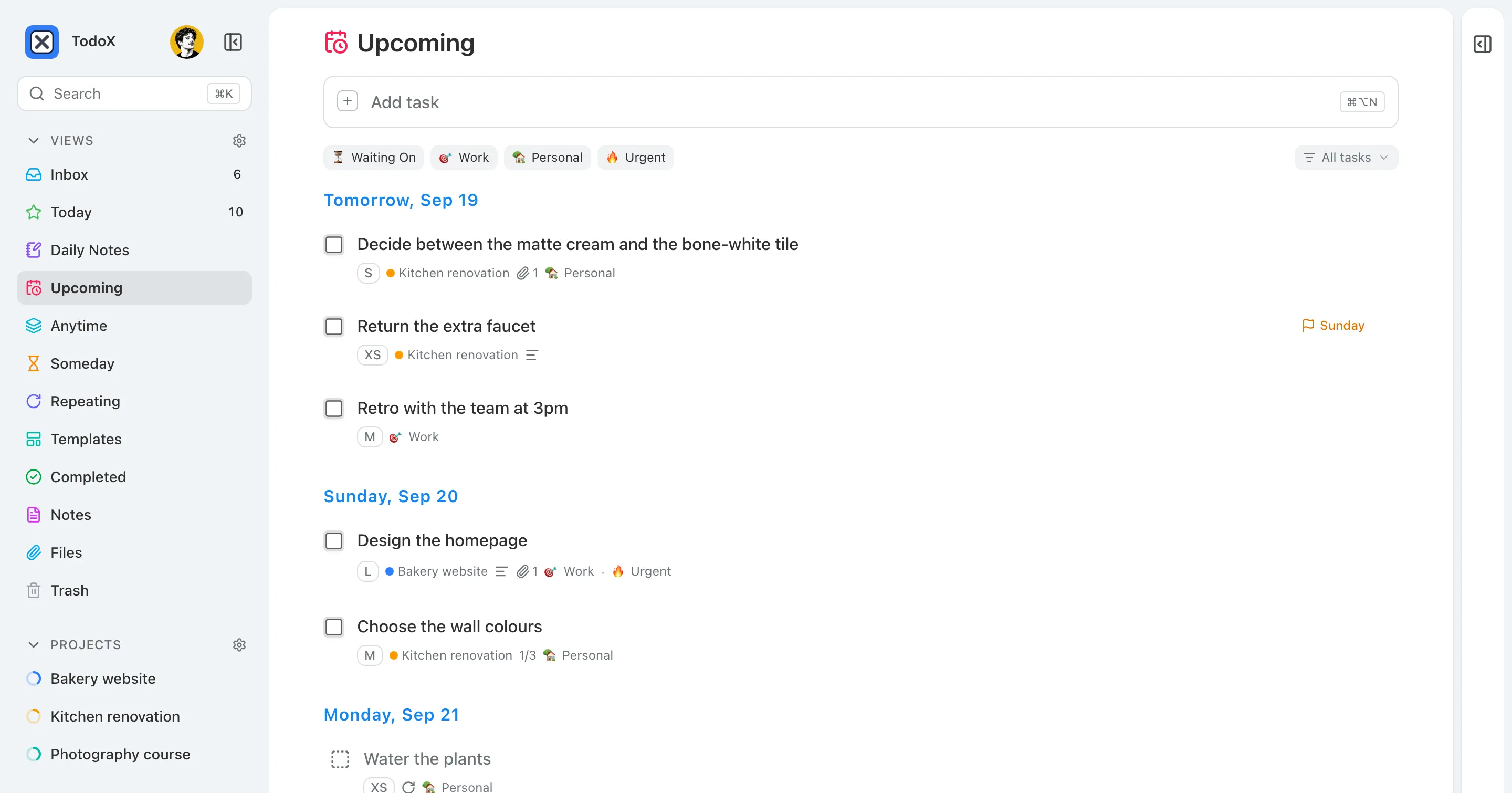 The Upcoming view: tasks grouped under Tomorrow and the following day headings, with a deadline flag and a repeating task.