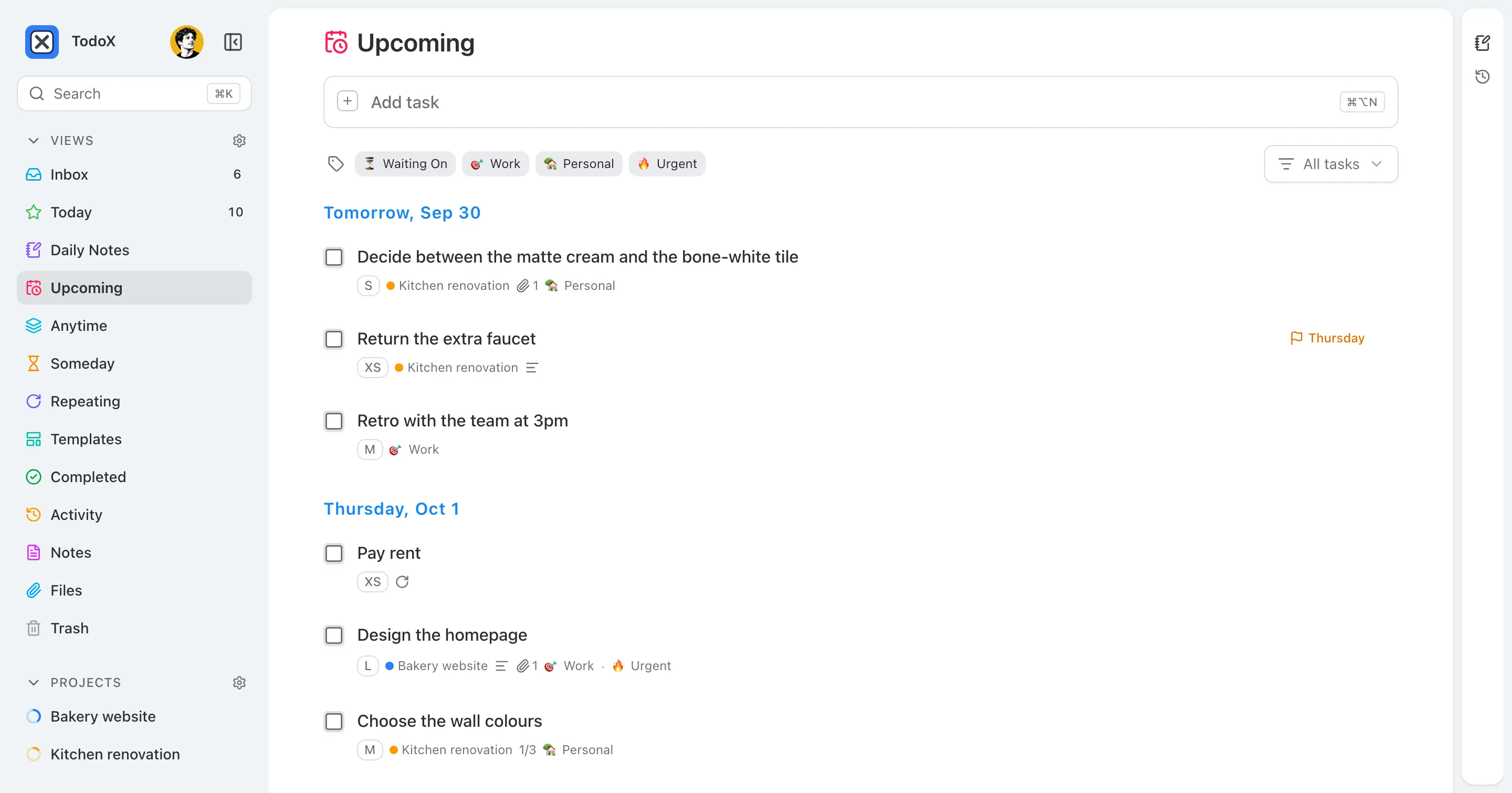 The Upcoming view: tasks grouped under Tomorrow and the following day headings, with a deadline flag and a repeating task.
