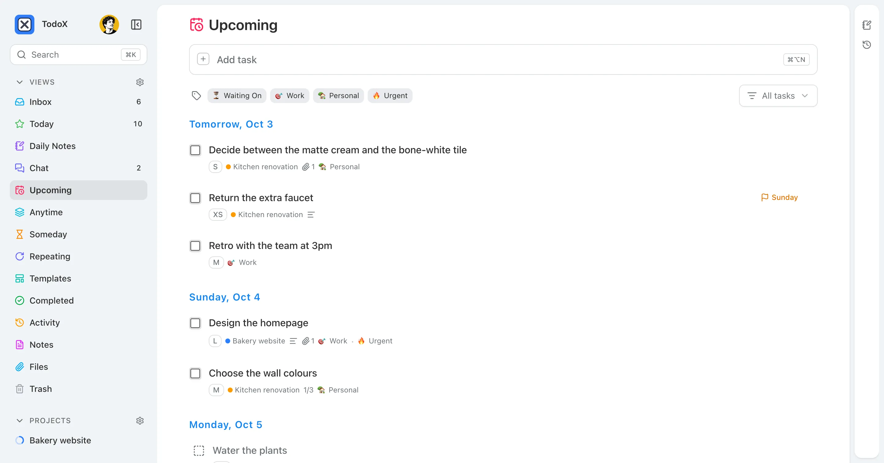 The Upcoming view: tasks grouped under Tomorrow and the following day headings, with a deadline flag and a repeating task.