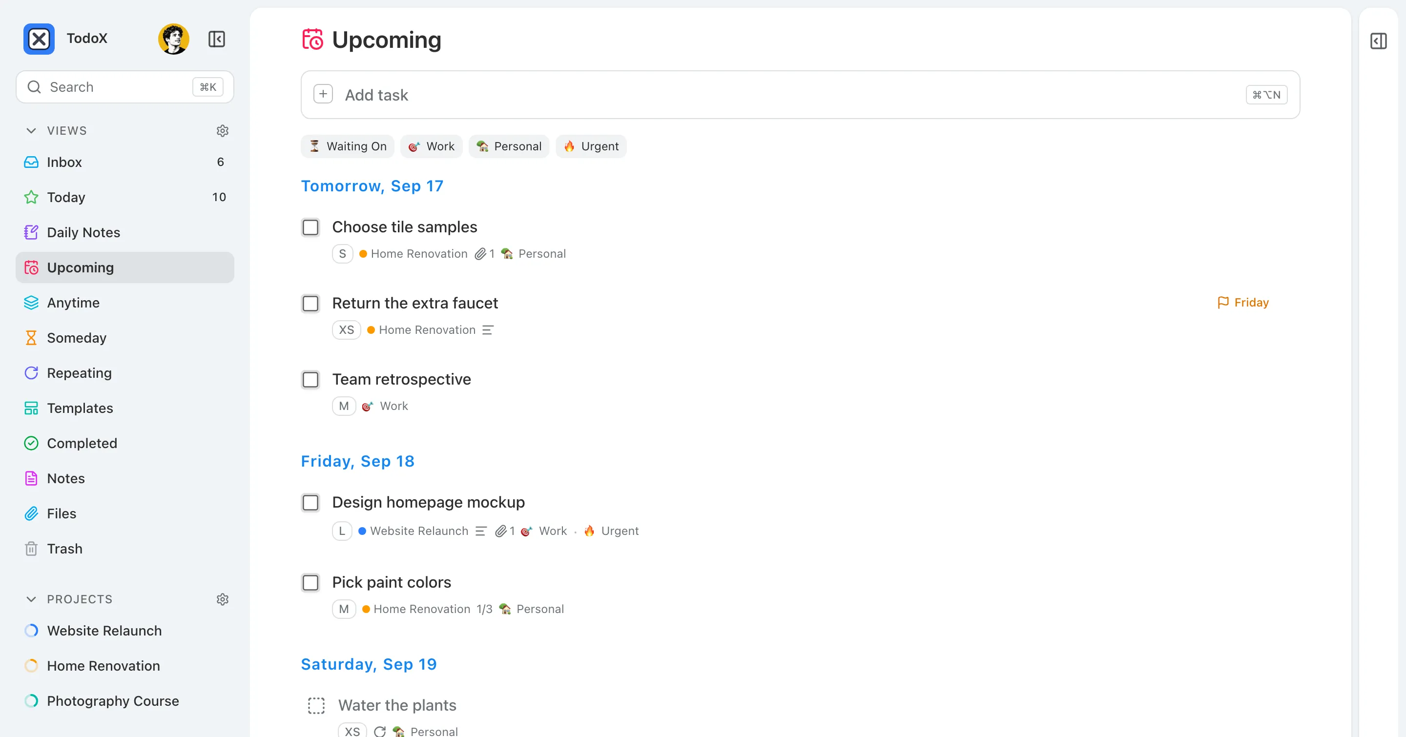The Upcoming view: tasks grouped under Tomorrow and the following day headings, with a deadline flag and a repeating task.