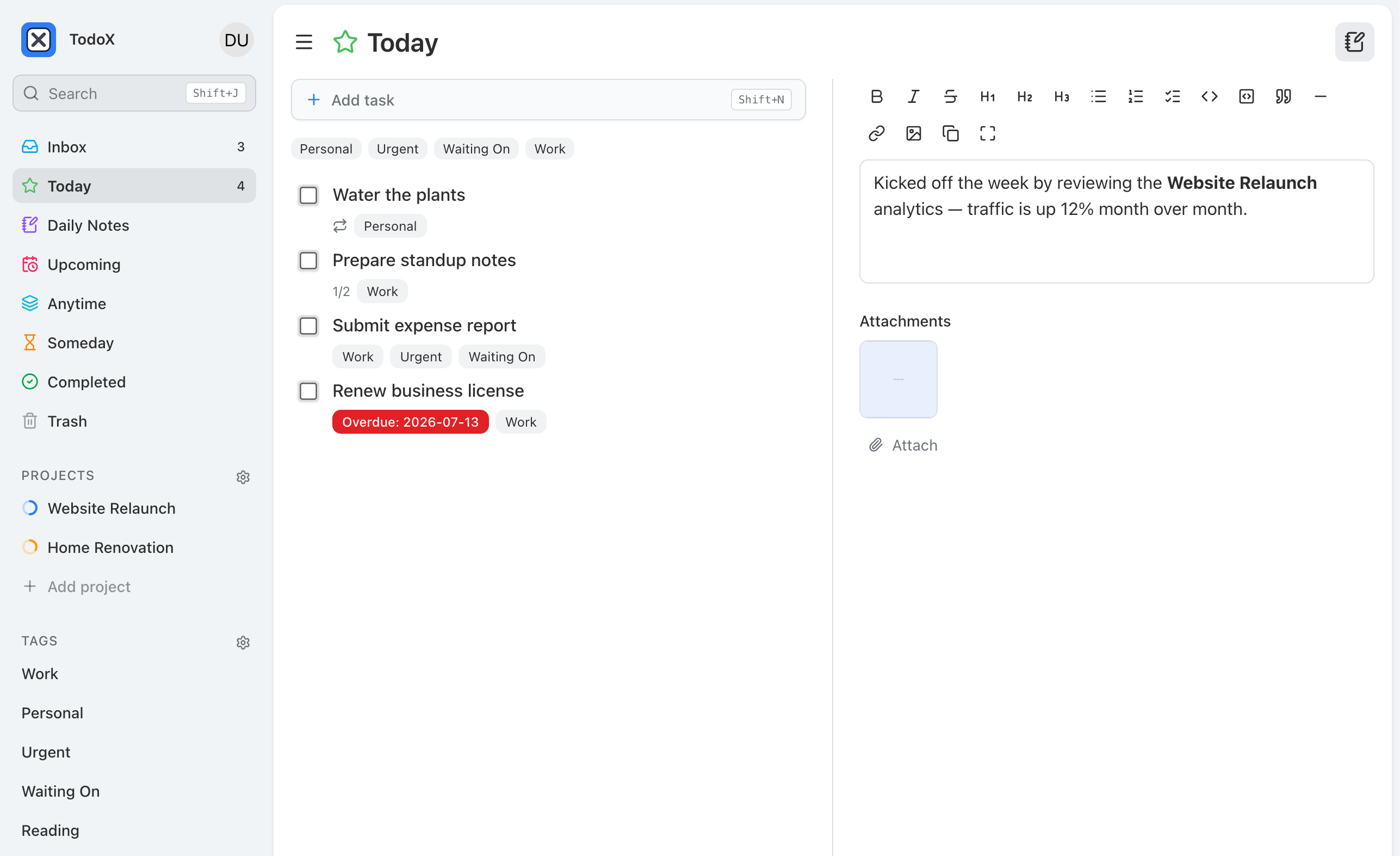 The TodoX Today view: a task list beside the day’s note, with projects and tags in the sidebar.