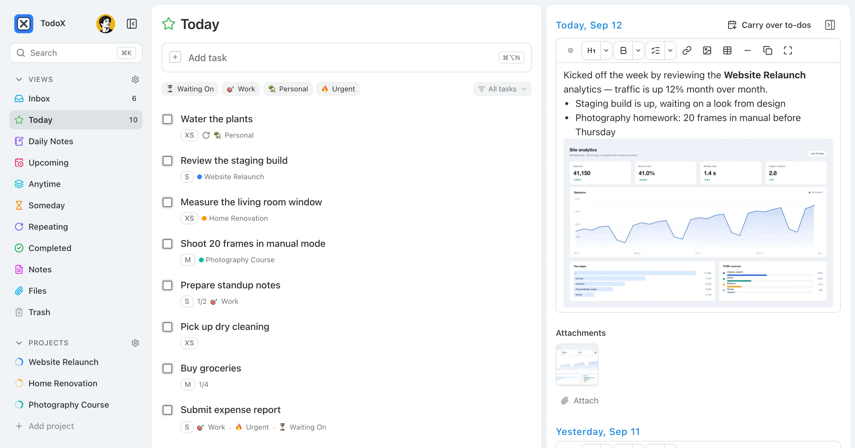 The TodoX Today view: a task list beside the day’s note, with projects and tags in the sidebar.