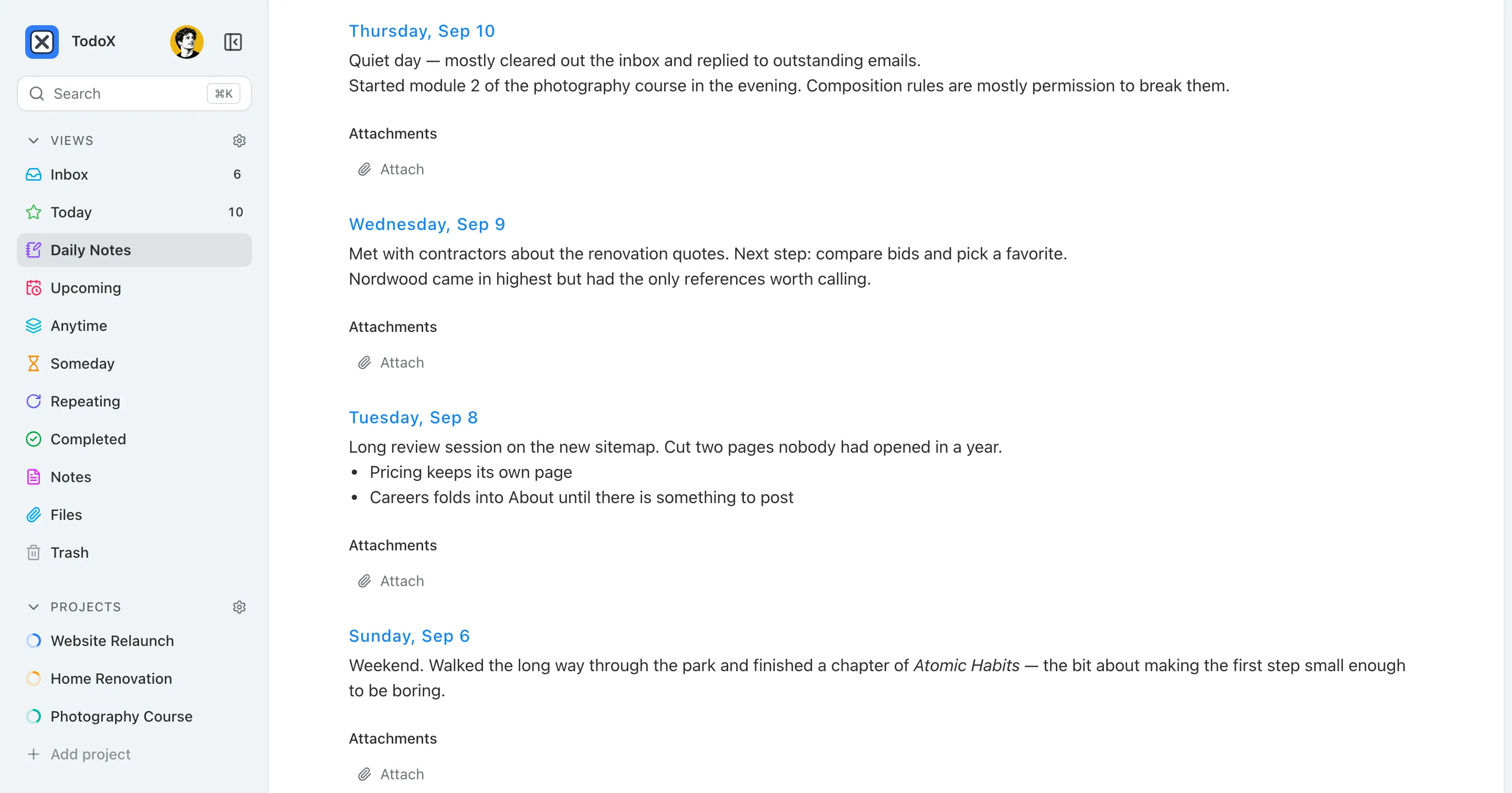 The Daily Notes page: four days of notes listed one after another, each with its own attachments.