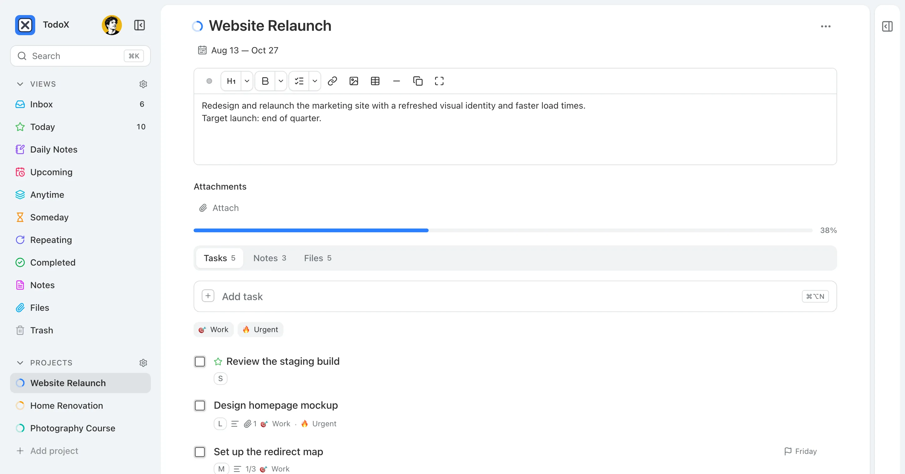 A project page with a description, a 38% progress bar and tabs for tasks, notes and files.