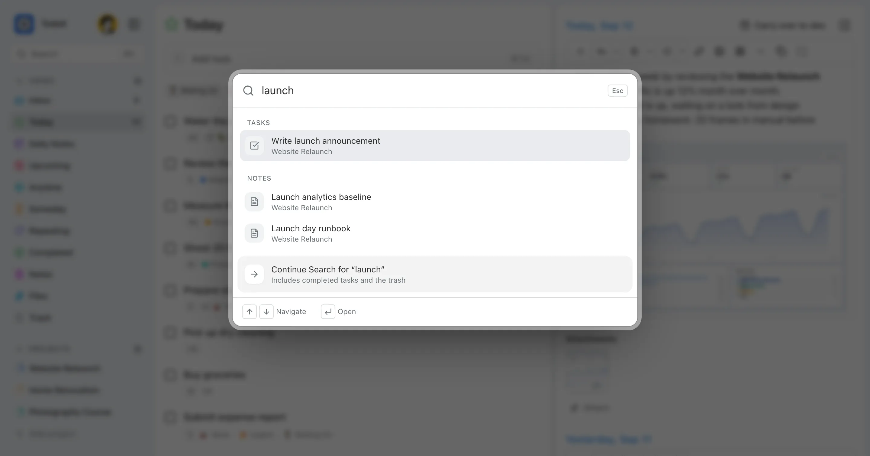 The search dialog open over the task list, listing a task and two notes matching “launch”.