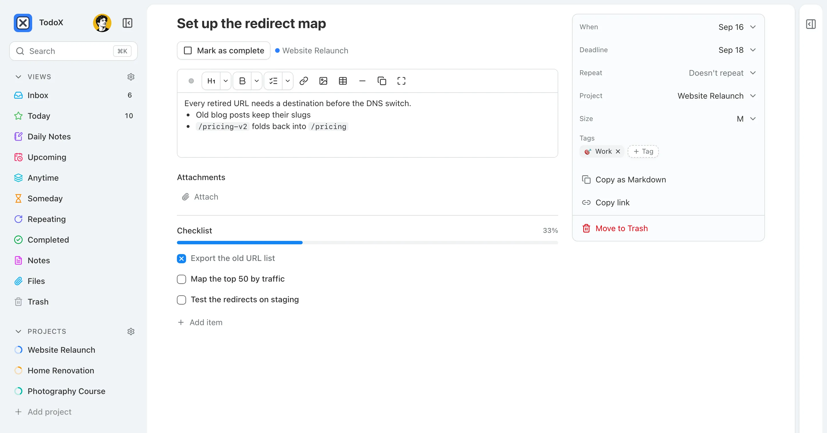 A task page with markdown notes, a checklist at 33%, and a side column with when, deadline, project, size and tags.