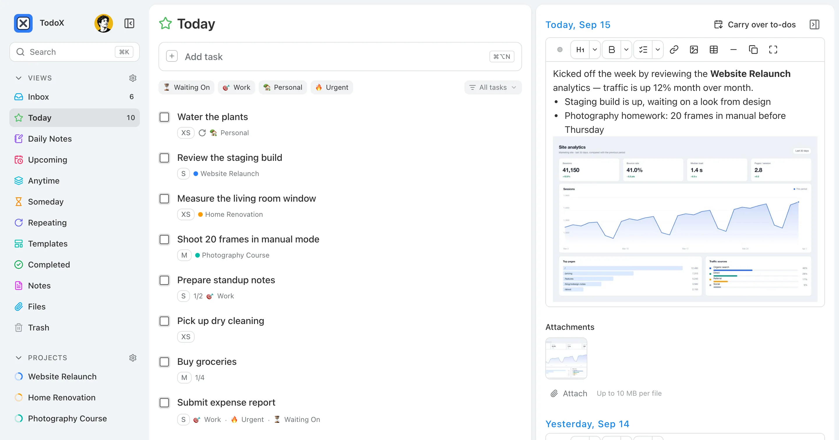 The TodoX Today view: a task list beside the day’s note, with projects and tags in the sidebar.