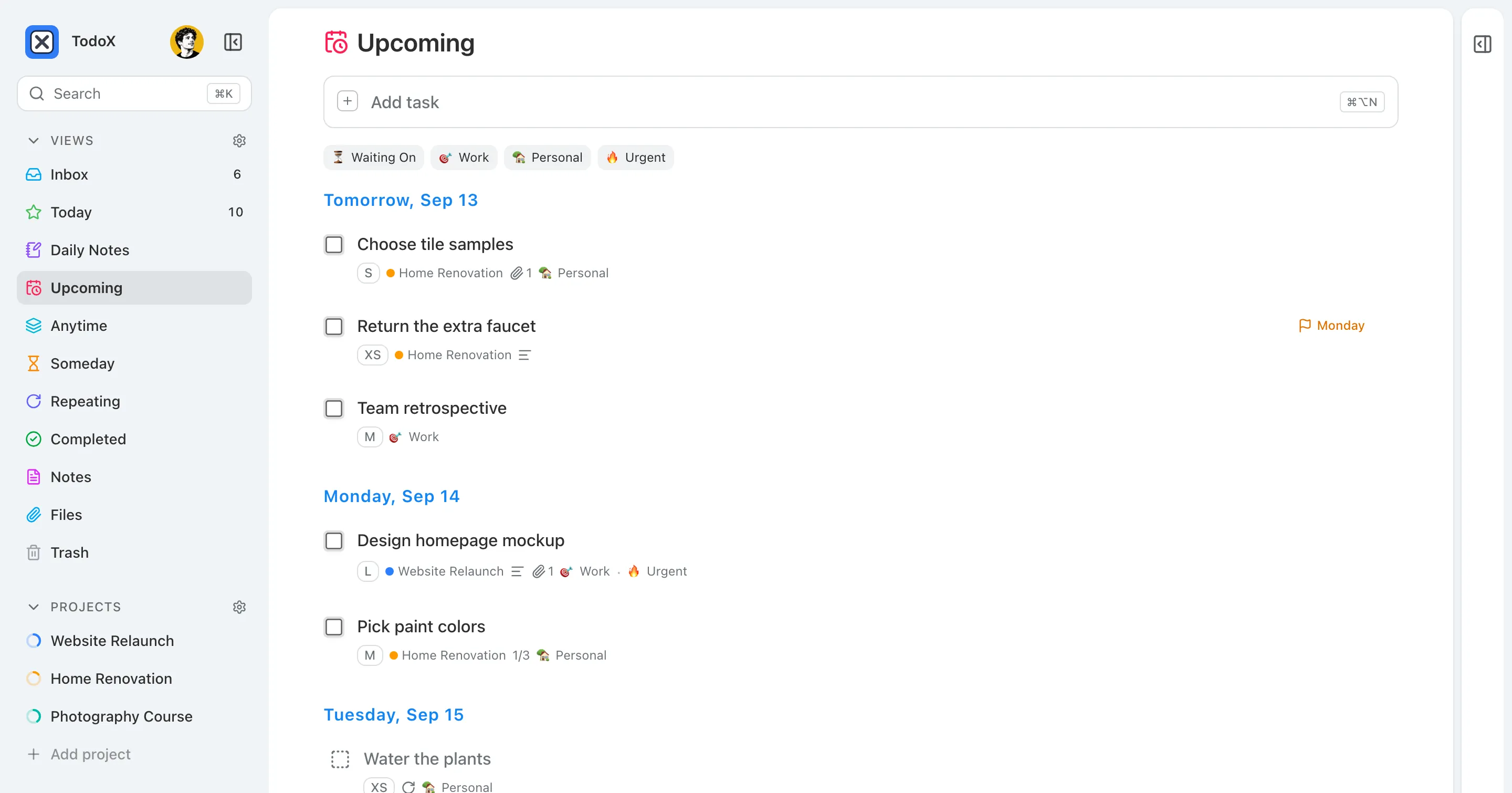 The Upcoming view: tasks grouped under Tomorrow, Monday and Tuesday headings, with a deadline flag and a repeating task.